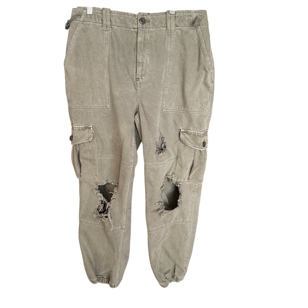 Topshop Olive Green Distressed Cargo Pants With Adjustable Waistband & Multiple